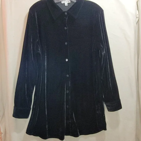 Rebecca Malone Black Velvet Button Front Large Tunic Shirt Womens L-Slv NEW - Picture 7 of 14